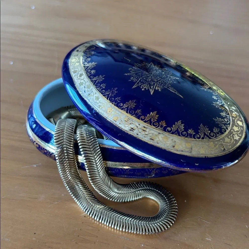 Limoges Porcelain Deep Blue and Gold Oval Trinket Box With Lid